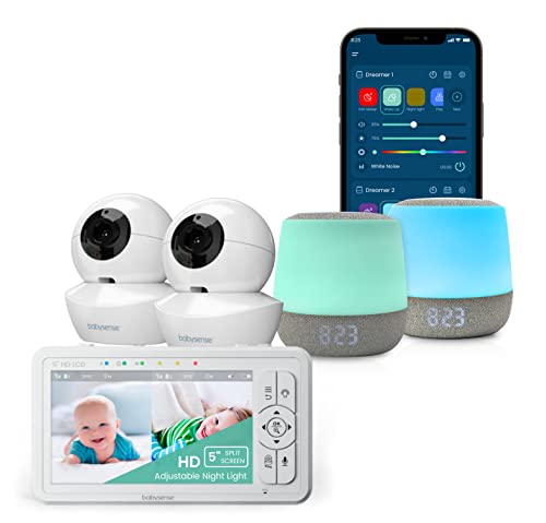 Image of Babysense 3 in 1 - Multiple-Children Video Baby Monitor with 2 HD Cameras & 5" HD Display Bundled with 2 Smart Baby White Noise Sound and Light Machines