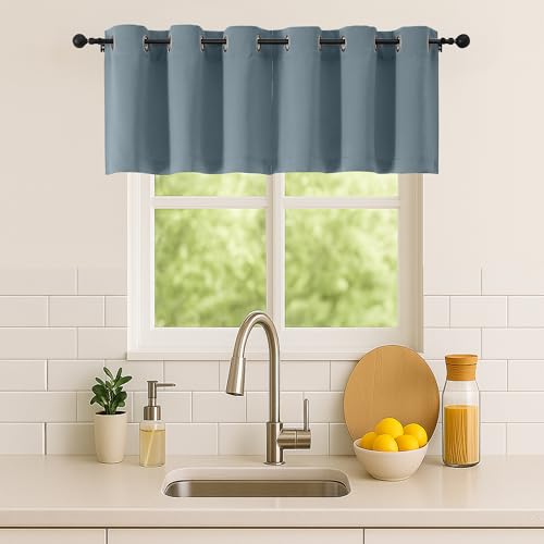 Image of Simplebrand Stone Blue Kitchen Valances for Windows 18 Inches Long 2 Pack, Room Darkening Window Valances for Living Room, Grommet Short Straight Drape Kitchen Curtains for Bedroom Kids Room, 40Wx18L