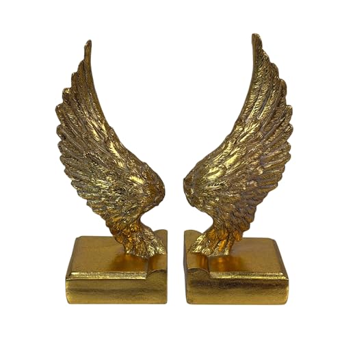 Image of Things2die4 Decorative Bookends Angel Wing Set of 2, Antique Gold Resin Bookends, 8.75 Inch Tall Freestanding Feather Textured Book Holders for Shelves, Desks, Mantels and Bookcases