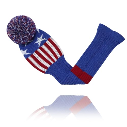 LeFeng 1Pcs Golf Club Cover, Knitted Golf Head Cover for 460cc Driver Fairway Woods and Hybrid with Cute Pom Pom and Number Tag(American Stars, for Driver) - Thumbnail 5