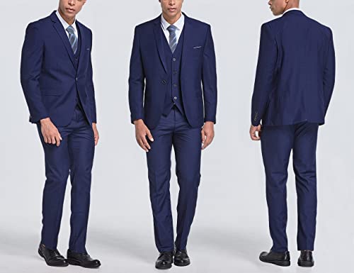My's Men's 3 Piece Slim Fit Suit Set, One Button Solid Jacket Vest Pants With Tie Deep Blue #TOP3