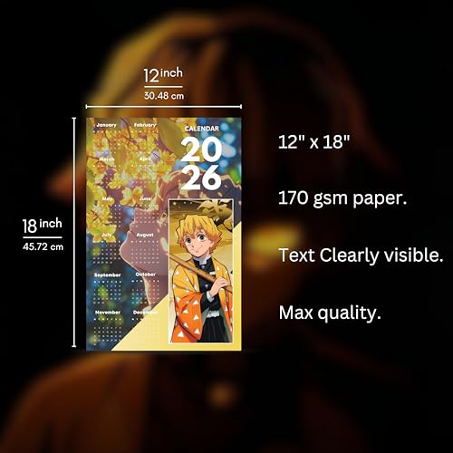 Image of 2026 Anime Wall Calendar 12 x 18 Inch | Zenitsu Agatsuma Theme | Aesthetic Anime Poster Calendar | Room & Wall Decoration | Premium Print