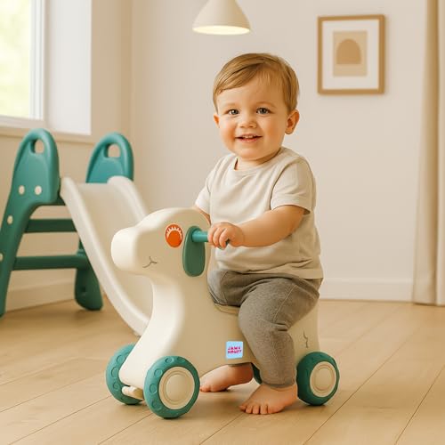Amazon Brand - Jam & Honey Baby Puppy Push On Ride On for Kids | Backrest | Easy Grip | Four Wheel | Durable and Safe | Non-Toxic | Portable | Lightweight | Animal Theme | 1-4 Years Old | Green
