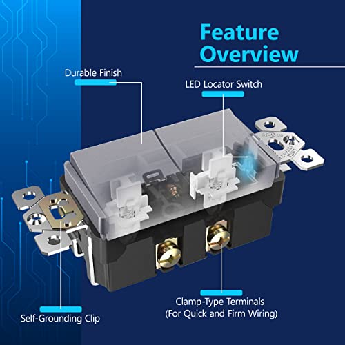 Image of LIDER Lighted Double Switch with Screwless Wall Plate, Combination Frameless Decorator Switch with Locator Light, Ground Terminal, Single Pole, 15A 120V, UL Listed, Thermoplastic, Matte Silver