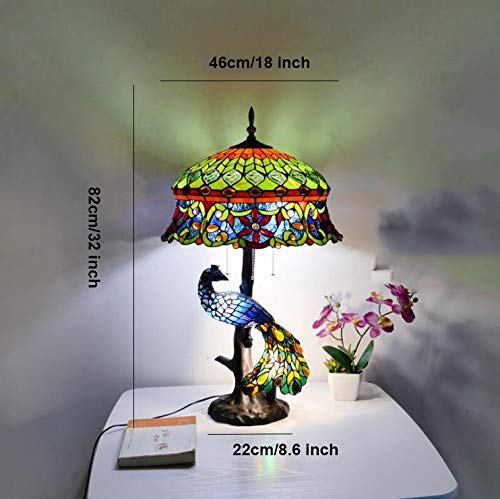 Peacock Tiffany Style Stained Glass Table Lamp, Vintage Handmade Decorative Desk Lamp Pull Cord Switch Reading Lamp For Living Room, Bedroom, Wedding Room, Villa,Hat #TOP2