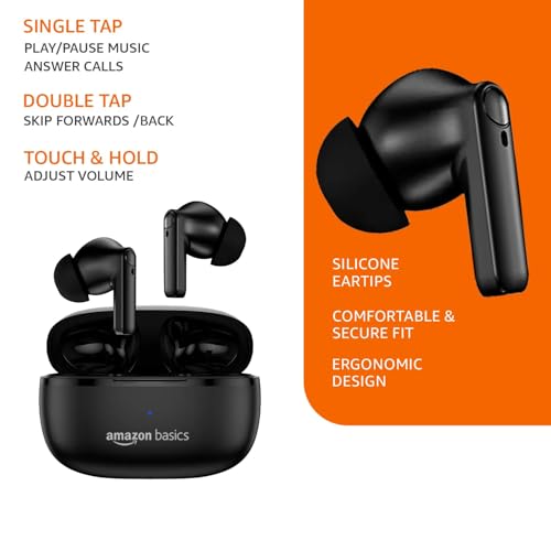 Image of Amazon Basics True Wireless in-Ear Earbuds with Mic, 10MM Dual Drivers, Touch Control, IPX5 Sweat & Water Resistant, Bluetooth 5.1, Up to 50 Hours Play Time, Type-C Fast Charging (Black)