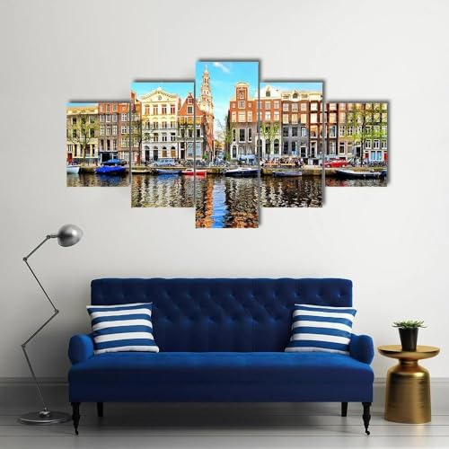 Maisons sur le canal d'Amsterdam : grand tableau mural de cuisine