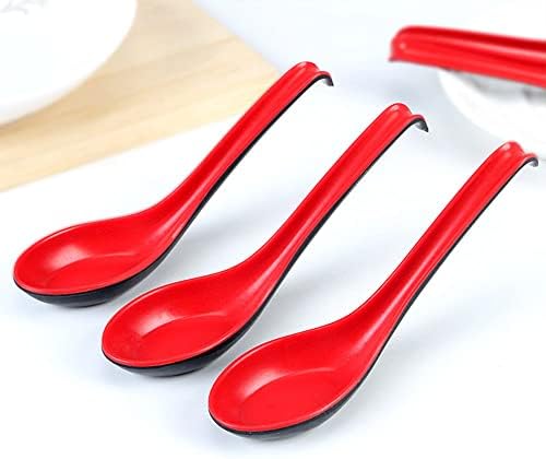 6 Packs Rice Spoons Ramen Noodle Soup Ladle Red Soup Spoons Serving Spoons Chinese Won Ton Soup Spoon Asian Plain Style Soup Spoons- Red and Black