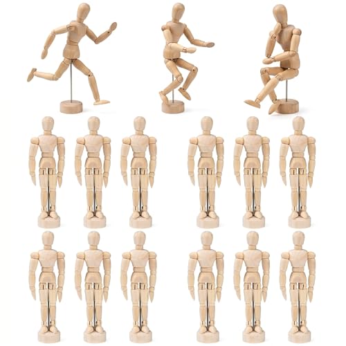 Image of DOITOOL Artists Wooden Manikin, 15 Pack 4.5 Inch Wooden Joints Drawing Mannequin, Artist Manikin with Stand, Flexible Posable Figure Model, Art Anatomy Sketch Props, Jointed Desktop Decoration