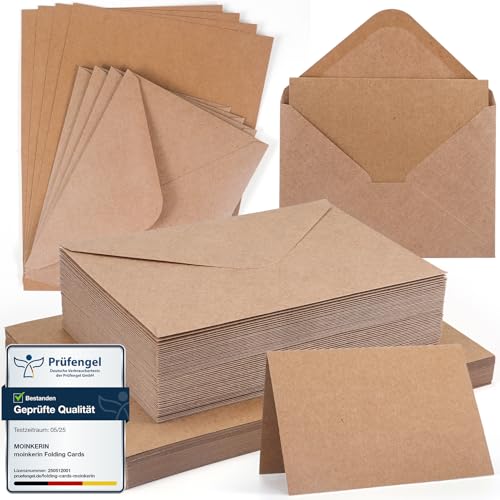 moinkerin 50x Klappkarten blanko mit Umschl&auml;gen (250g/m&sup2; A6) + 50x C6-Briefumschl&auml;ge | Kraftpapier Umschlag Set f&uuml;r Hochzeitskarten, DIY Einladungen, Geburtstag & Weihnachtsgr&uuml;&szlig; （ Braun）
