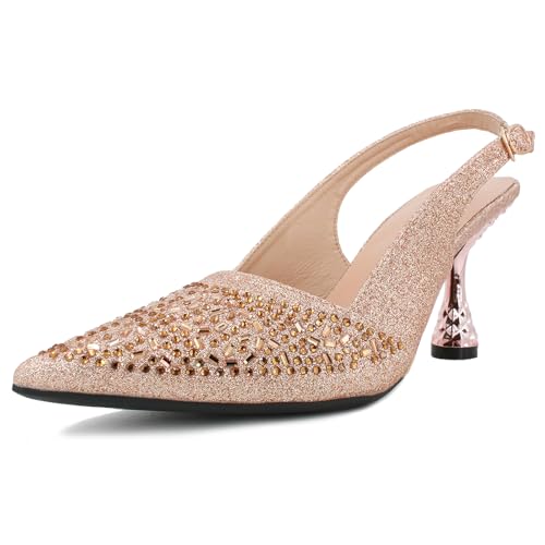 Women's Glitter Rhinestone Slingback Kitten Heels Closed Pointed Toe Adjustable Ankle Buckle Slip On Sparkly Pumps Comfortable Heels for Wedding Party Prom Dressy