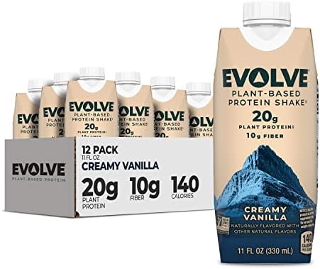 Evolve Plant Based Protein Shake, Vanilla Bean, 20g Vegan Protein, Dairy Free, No Artificial Sweeteners, Non-GMO, 10g Fiber, 11 fl oz, (12 Pack) (Formula May Vary)