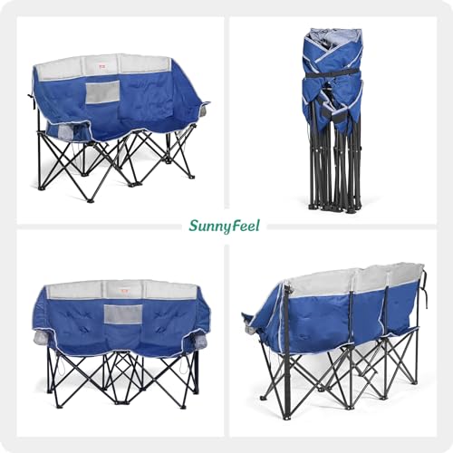 SUNNYFEEL Heated Double Camping Chair, Outdoor Portable Loveseat Chair, Heavy Duty Folding Lawn Chairs with Storage for Beach/Tailgate/Travel/Picnic, Foldable Duo Camp Chairs for Adults 2 People - Thumbnail 7