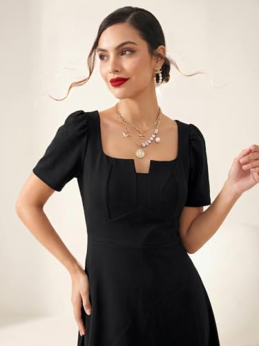 Image of Selvia Women's Black Puff Sleeve Square Neck Fit & Flare Midi Dress