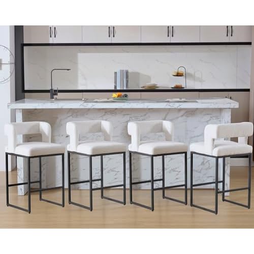 HNY 26’’ Counter Height Black Bar Stools Set of 4, Modern Barrel Counter Stool with Open Back and Chrome Metal Frame, Square Upholstered Island Bar Chairs, Velvet Barstools for Kitchen Count