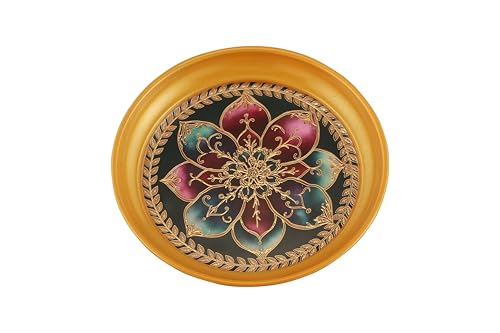 Image of R Ayurveda Copper Mandala Metal Tray - 6 Inch Decorative Round Platter for Wedding & Birthday Gifts - Artistic Handcrafted Design Gold Finish Gold Foiling for Home Decor with Printed Gift Box