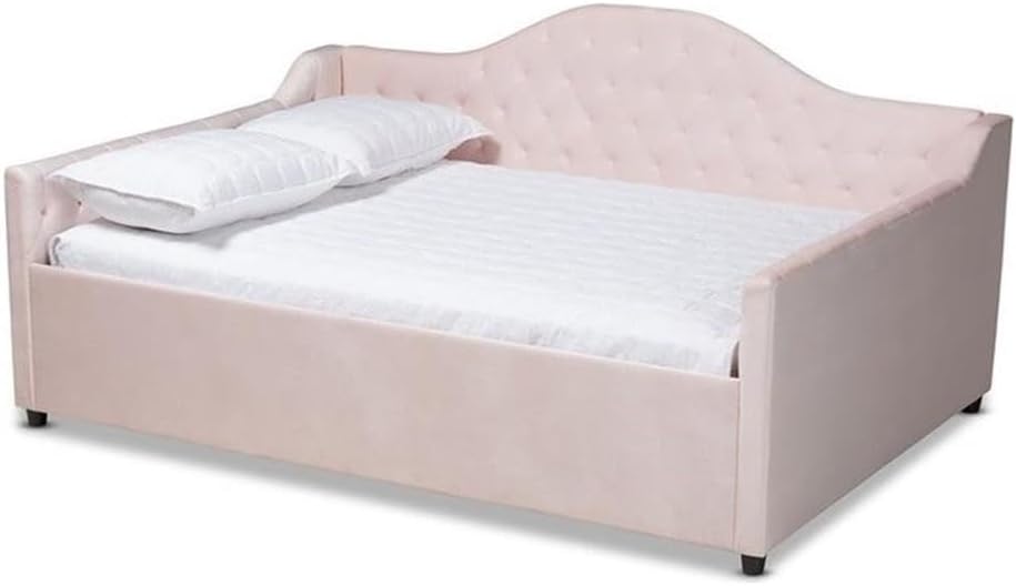 BOWERY HILL Contemporary Velvet Upholstered Queen Daybed, Pink Finish, Solid Rubberwood and MDF Construction, Button Tufted, Tapered Feet, Stylish Bedroom Furniture