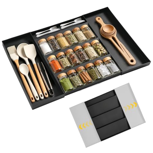 2026 Upgraded Expandable Spice Drawer Organizer with 5 Compartments & 2 Utensil Slots, Multi-Functional Kitchen Drawer Organizer Spice Rack for Cabinet Drawer, All-in-One Spice & Utensil Storage Tray
