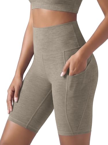 ODODOS 8" Tummy Control Biker Shorts for Women with Pockets, Ultra Soft odSTRATUM Tech High Waist Running Workout Yoga Shorts, Warm Grey Heather, Small