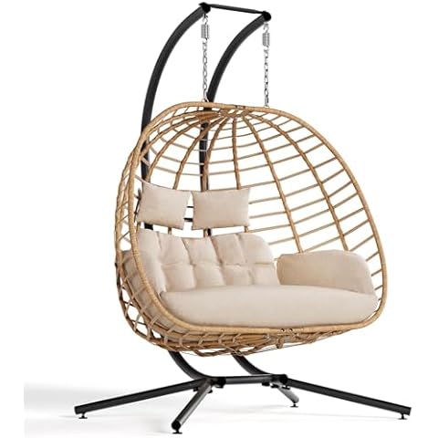 SWITTE Double Hanging Egg Chair with Stand, Outdoor Patio 2 Person Wicker Hammock Swing Chairs with Cushion Loveseat for Indoor Bedroom, Lawn, Garden-Beige Cover