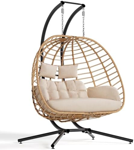 SWITTE Double Hanging Egg Chair with Stand, Outdoor Patio 2 Person Wicker Hammock Swing Chairs with Cushion Loveseat for Indoor Bedroom, Lawn, Garden-Beige