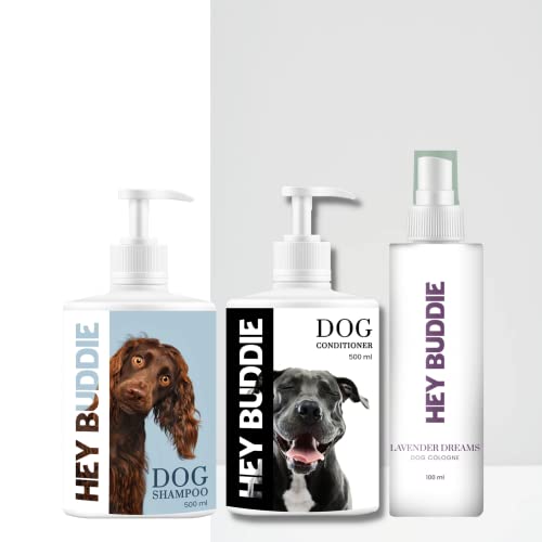 HEY BUDDIE All Natural Dog Complete Grooming Kit Shampoo (500 Milliliter) + Conditioner (500 Milliliter) + Lavender Cologne (100 Milliliter)|Hypoallergenic, Sulfate Free, Soap Free Formulation | (B0BLYKJSXF) Amazon Price History, Amazon Price Tracker