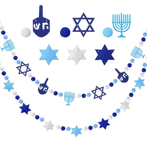 Jecery 2 Pcs Hanukkah Felt Garland Blue and White Pom Poms Garland 78 Inches Felt Menorah Star of David Hexagram Star Chanukah Party Hanging Bunting Banner for Mantel Fireplace Home Wall Door Decor