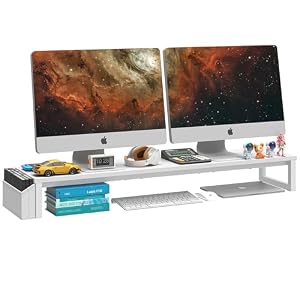 LAND・VOI デュアルモニタースタンド 105cm幅モニター台 卓上 2台モニター対応 木製天板＆スチールフレーム 収納サイドポケット付き パソコン台 机上台 PC・ノートPC・TV用 収納・整理整頓 ホワイト