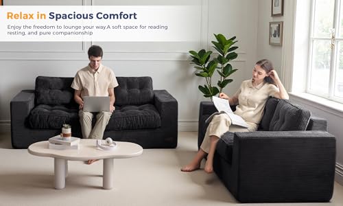 Image of MAXYOYO Loveseat Sofa Couch, Upholstered Bean Bag Chair Cloud Seat for Adults, Boneless Couch with Cushion & Pillows, Sofa in A Box, No Assembly Required, Corded Black, 3-Seat