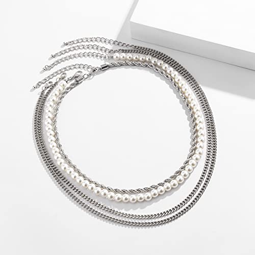 Yertter Men Gothic 4 Layered Silver Chain Necklace Pearl Chain Thick Chain Twist Chain Flat Chain Choker Adjuastable Collar Chain For Men #TOP3