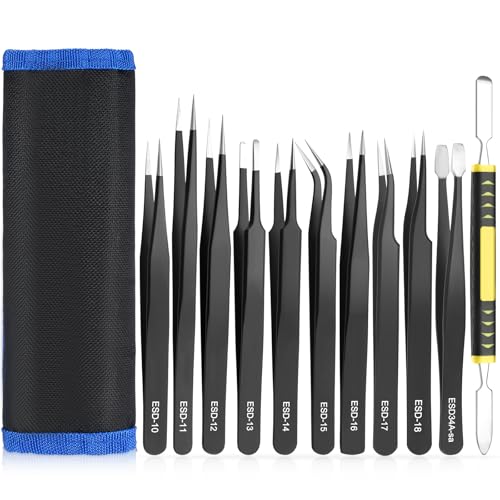 Zacro - 11 Pcs Precision Tweezers Set, ESD Anti-Static Tweezers Set, Stainless Steel Tweezers Kit Curved Tweezers for Electronics, Laboratory Work, Jewelry-Making, Craft, Soldering - -10%
