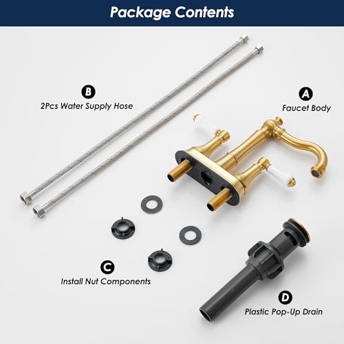 Roffenny Porcelain 2-Handle Brushed Gold Bathroom Faucet 4 inch Centerset with Plastic Pop-up Drain and 2Pcs Water Supply Lines, Classical Gold Vanity Sink Faucets for 3 Holes, 360° Swivel Spout by ROFFENNY - Used condition - Image 7