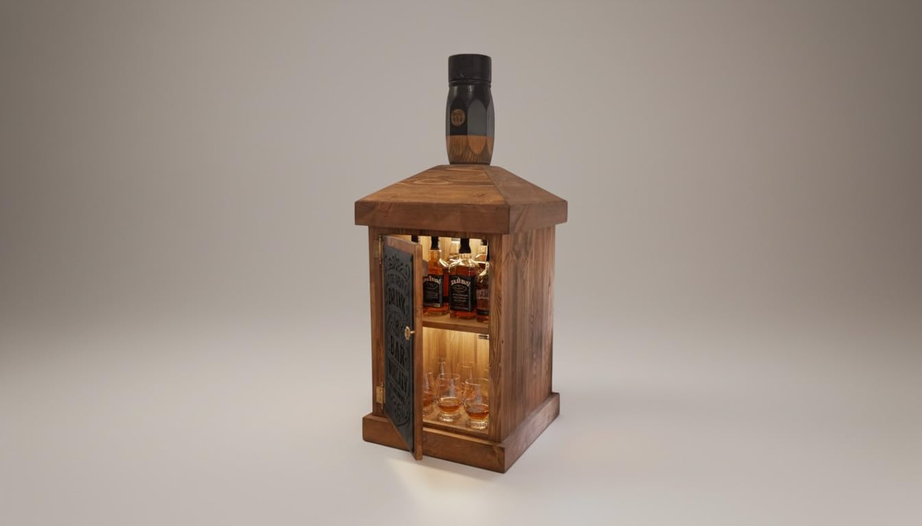 weeco Barschrank aus massivem Kiefernholz, Whiskyflaschen-Design, Braun, Rustikal, mit LED-Beleuchtung, Hausbar, 110 × 50 × 50 cm