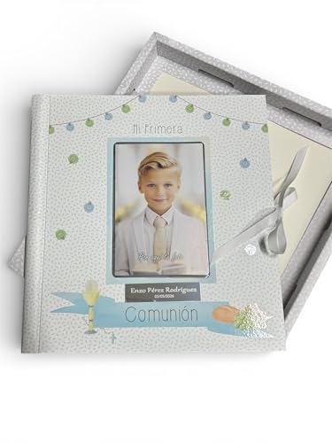 Libro de Comunión para Firmas Personalizado con Nombre y Fecha - Libro de Firmas y Fotos con Placa Grabada (Azul)