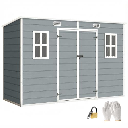 Outsunny 10 x 4 ft Plastic Garden Shed, Outdoor Storage Resin Shed with Floor, Double Windows, Lockable Doors and Vents, for Tools, Bike, Generator, Grey