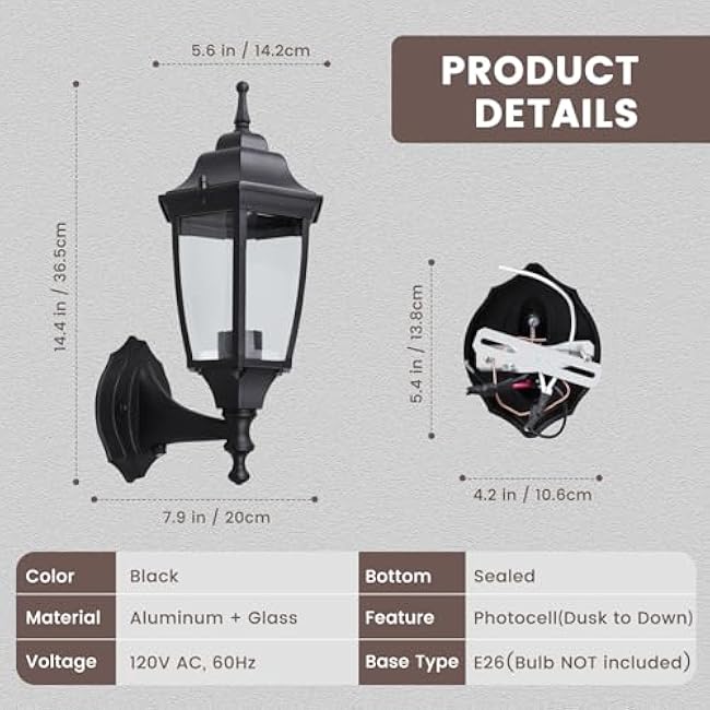 Photocell-Controlled Outdoor Wall Light ¨C Die-Cast Aluminum & Glass Water-Resistant Exterior Fixture, Wet Location Rated, E26 Base (60W Max) for Porch, Garage, Garden£¨Black£©