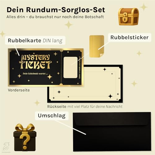 Falkenhorn® Mystery Ticket mit Rubbelsticker, Schwarze Rubbelkarte zum Ausfüllen & Verschenken, Geheimnisvolle Geschenkidee für Escape Room, Event, Spiel oder Überraschung –inkl. Umschlag - 1er