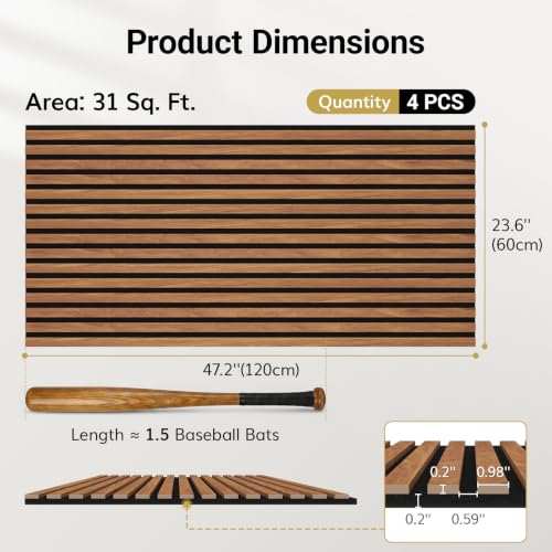 Image of TONOR Wood Slat Acoustic Panels for Wall, 4 Pack 47.2 inch x 23.6 inch(30.94ft虏)