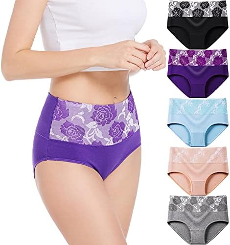 HAVVIS Women's Briefs Underwear Cotton High Waist Tummy Control Panties Rose Jacquard Ladies Panty Multipack (Brief 02-5 Pack - Assorted Colors, Large)