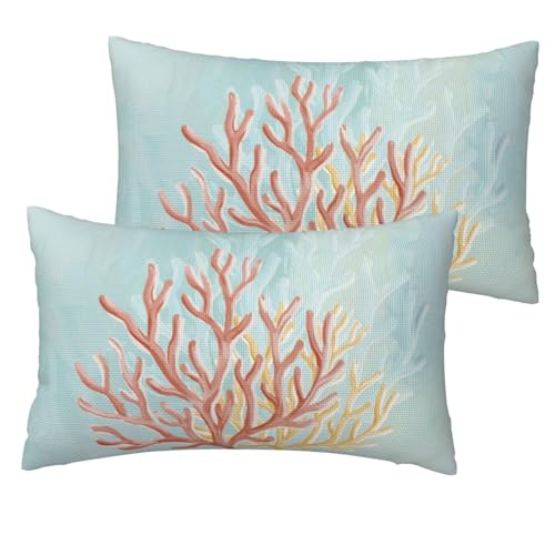 DANOLYOU Ocean Coral Pink Lumbar Pillows Covers Summer Sea Coral Teal Throw Pillow Covers Sets of 2 Marine Animal Cushion Cover Beach Coral Reef Pillowcases for Couch Home Sofa Living Room Decor 12x20