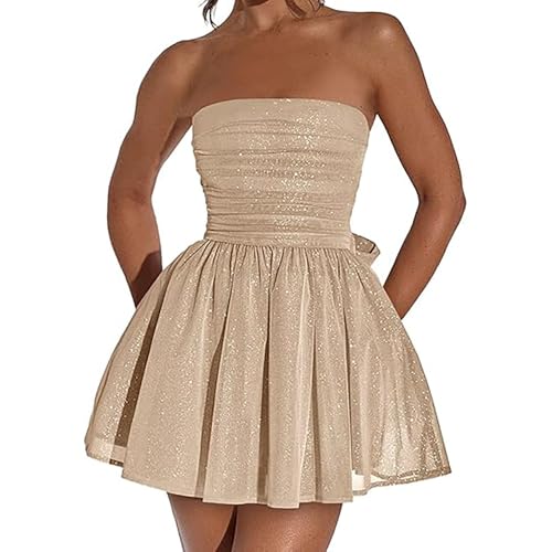 Robe pailletée pour femme - Robe dorée à paillettes - Dos nu - Avec nœud papillon - Élégante - En tulle - Sans manches - Épaules dénudées - Coupe ajustée - Robe de bal - Ourlet trapèze - Robe de