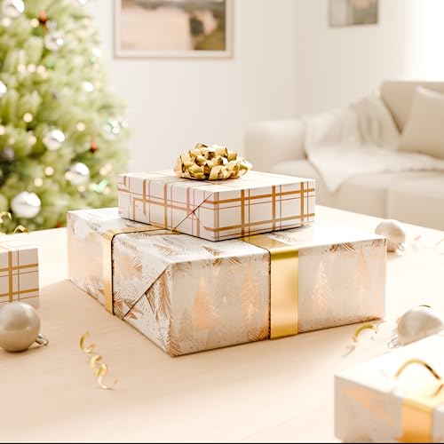 American Greetings Foil Christmas Wrapping Paper Roll, Metallic Vintage Gold and White Holiday Gift Wrap (30 sq. ft., 1 Reversible Roll-30 in. x 12 ft.) Plaid and Trees by American Greetings - Image 6