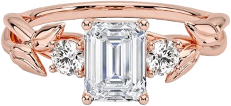 1–5 Carat Emerald Cut Lab Grown Diamond Ring VVS2 10K 14K 18K Solid Gold & 925 Sterling Silver Engagement Ring 3 Stone Vines Wedding Bridal Anniversary Christmas Gift for Women(IGI Certified)