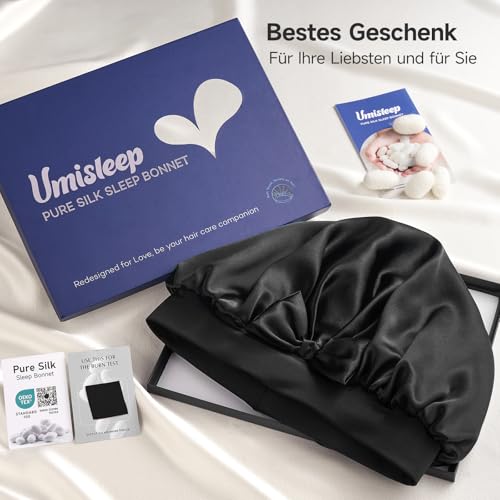 Umisleep 100 % Maulbeerseide 22 Momme große Seidenhaube zum Schlafen, doppellagig, rutschfest und atmungsaktiv, mit verstellbarem Band für lange, lockige Haare, Schwarz