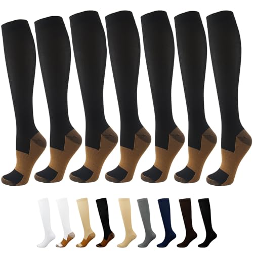 Compression Socks Women & Men Circulation (7 Pairs) Over The Calf Socks Circulation 15-25 mmHg is Best Support for Athletic Running Cycling Hiking