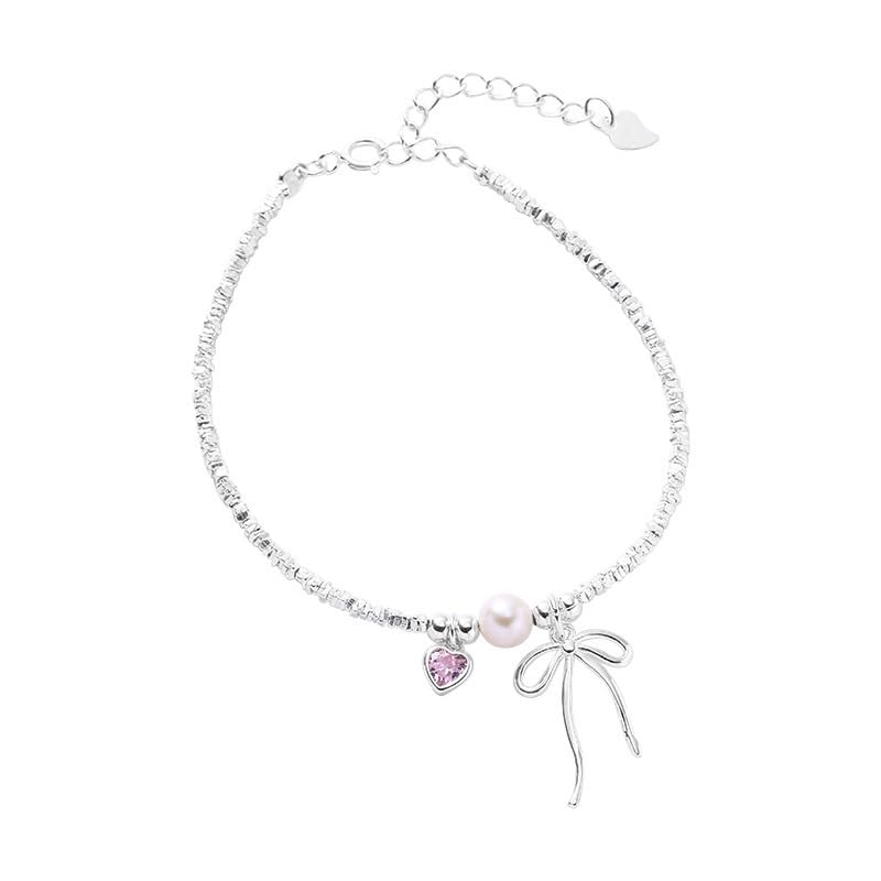 Bracelet de perles argent sterling 925 chaine reglable coeur rose