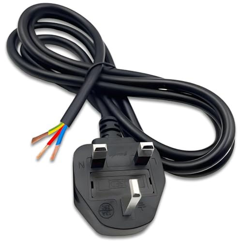 3 Pin Plug UK, 3 Core Electrical Cable, Fully Moulded Plugs 250V 1.5m Power Cord Open End Wire, for 1800W Kitchen Office Gear Garden Electrical Tools Appliances, Replacement Plug and Cable, Black