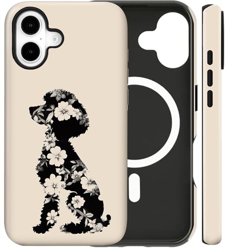 flewfun Magnetic for iPhone 16 Plus Case Cute Black Poodle Floral Phone Case, Dog Shockproof Slim TPU and Hard PC Protective Phone Cover Compatible with MagSafe Designed for Girls Gift