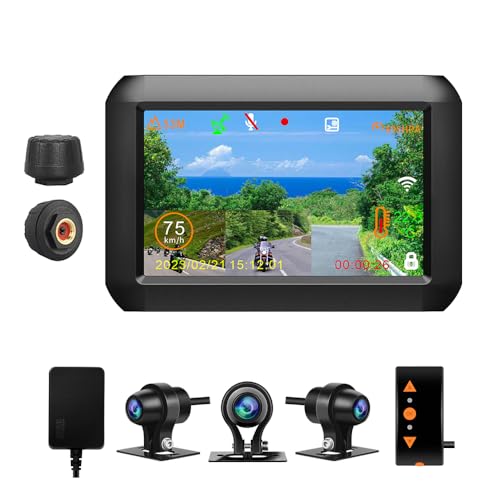 VSYSTO WiFi Motorcycle Dash Camera, Parking Monitoring, GPS 4 Inch Screen Motorbike Rear View Camera with TPMS, Front and Left and Right Camera, Assisted Driving Mode,Temperature Display,G-Sensor(F3M)