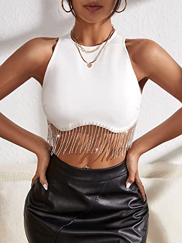 Milumia Women Rhinestone Fringe Zip Back Sleeveless Round Neck Fitted Crop Tank Tops A White Large #TOP2